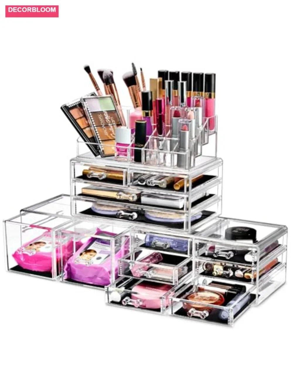 Clear 12-Drawer Stackable Makeup Organizer with Lipstick Holder
